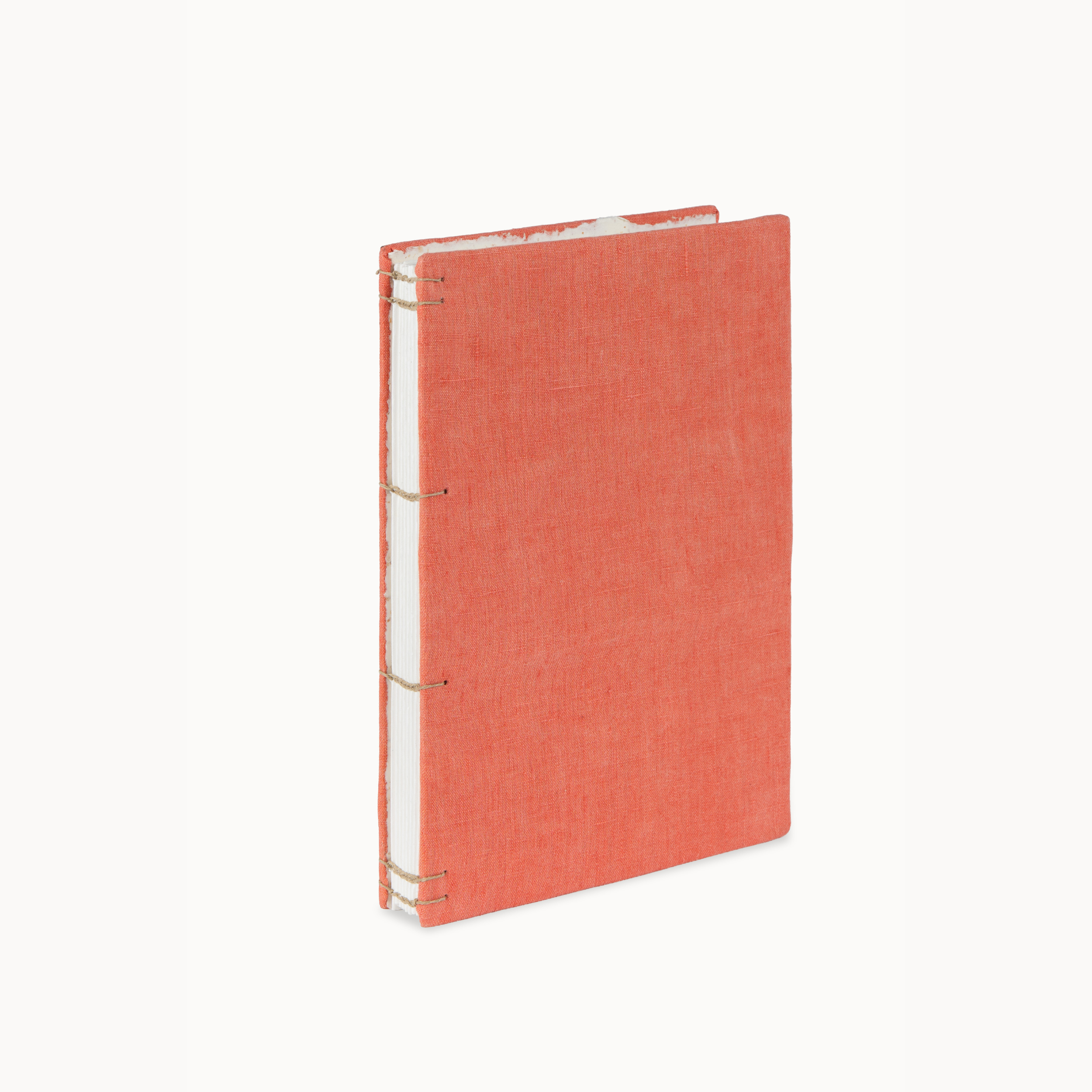 A coral pink linen-bound notebook with gold thread binding, standing upright against a clean white background.