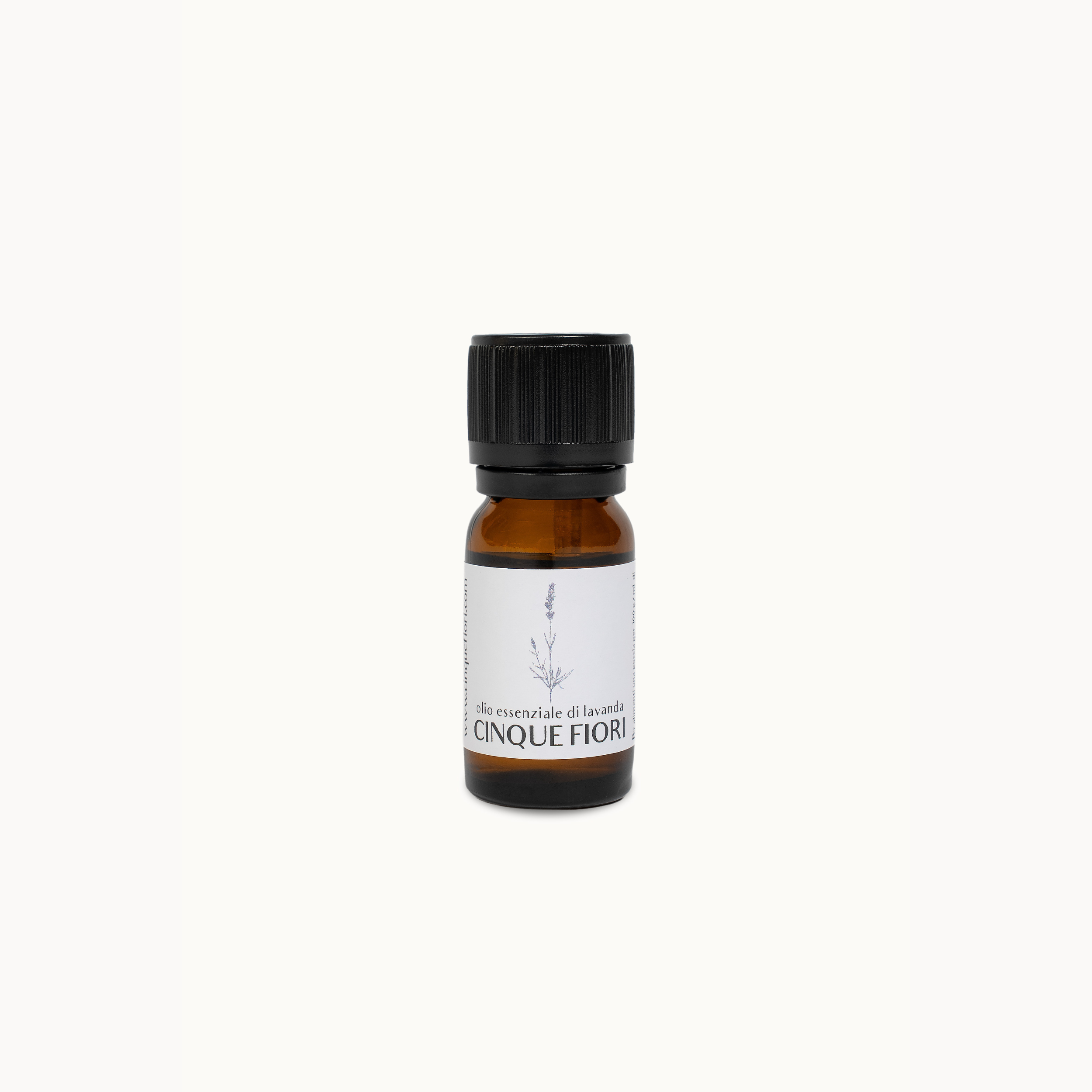 A small amber glass bottle with a black ribbed cap and a white label reading 'CINQUE FIORI' and 'olio essenziale di lavanda', centered on a plain off-white background.