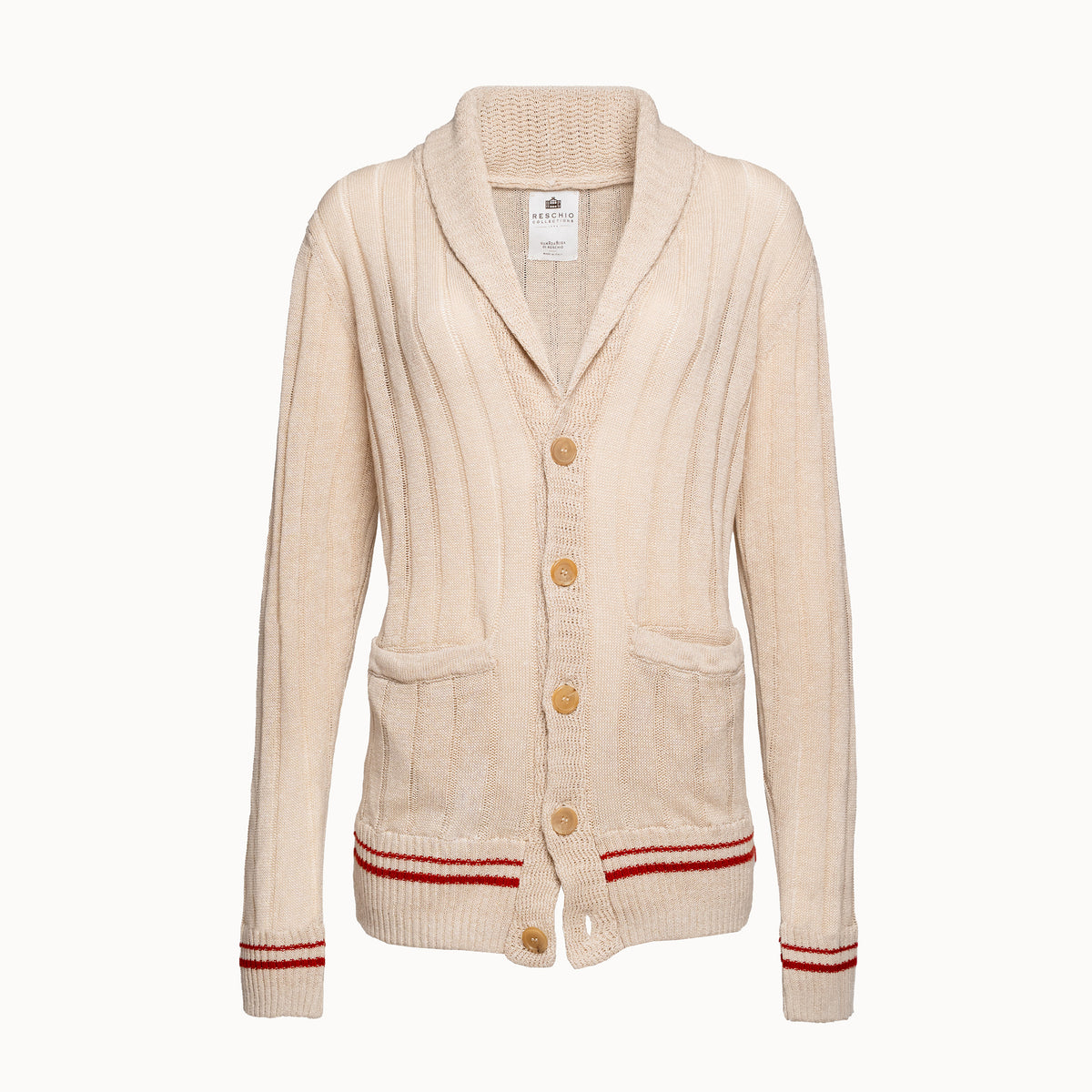 A cream-colored ribbed knit cardigan sweater with brown buttons, front patch pockets, and red stripe accents on the cuffs and hem, shown against a plain white background.
