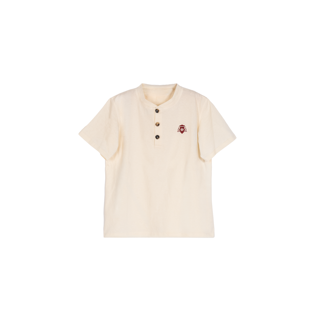 An off-white short-sleeve Henley t-shirt with three dark buttons on the chest and a small embroidered red and black logo on the left chest, displayed against a solid white background.