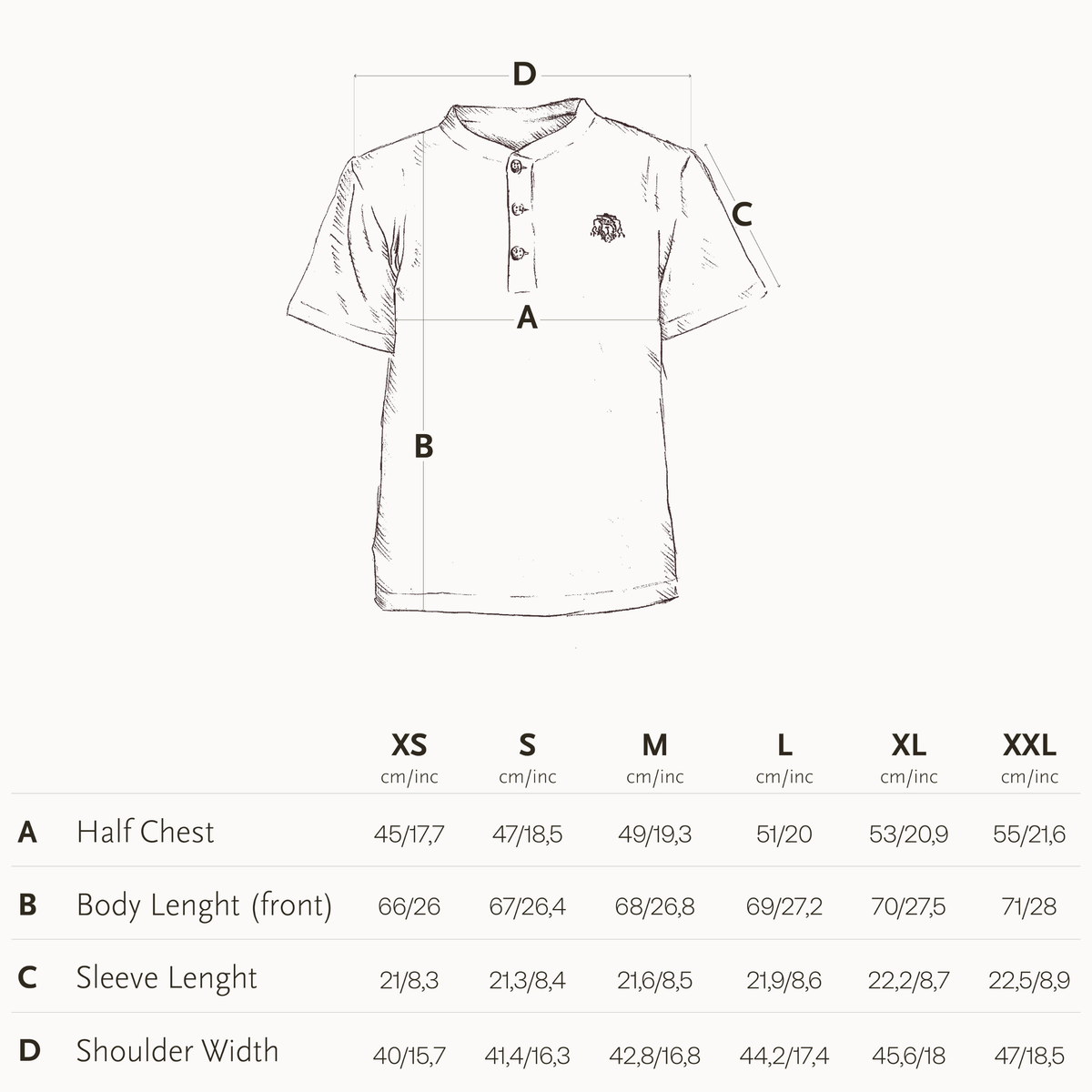 A size measurement chart for a short-sleeve polo shirt, showing a simple line drawing of the shirt with labeled measurement points A, B, C, and D, plus a size table below with chest, body length, sleeve length, and shoulder width measurements forXS through XXL.